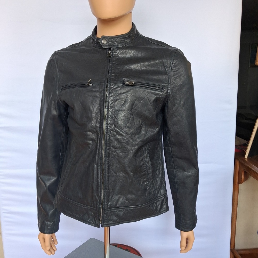 Lucky Brand Men's Black Leather Jacket Size M Band Collar Zip Closure